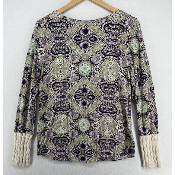 SUNDANCE Top S Boho Medallion Embroidered Cuffed Knit Trim Cotton Modal Purple - Picture 3 of 14